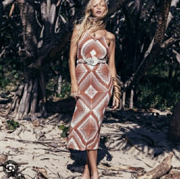 Chasing Unicorns Peacekeeper Crochet Midi Dress Blue NWOT S - Picture 3 of 16